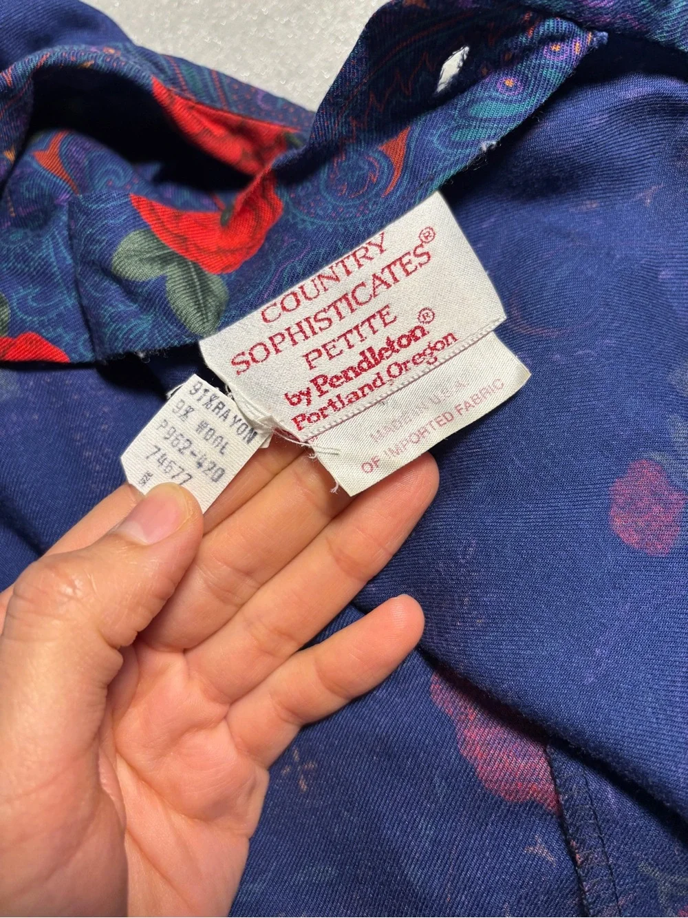 Vintage Pendleton Navy Floral Pleated Blouse and Midi Skirt Set with Red Rose